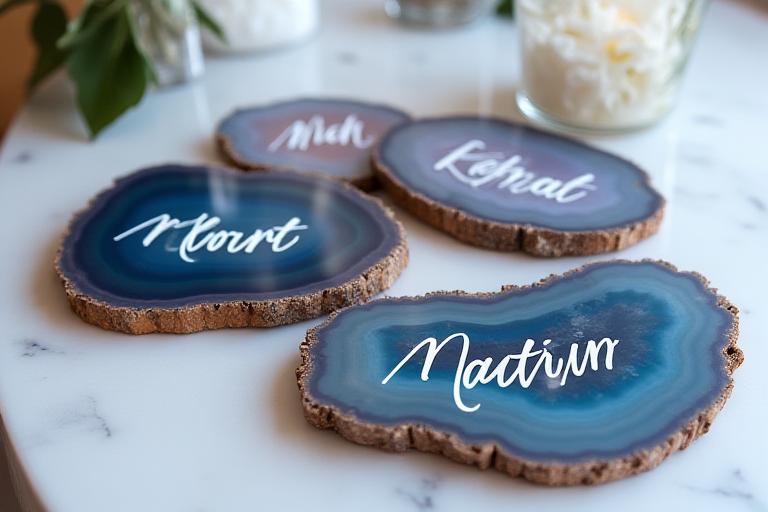 A collection of agate slice place cards with guest names in white calligraphy.